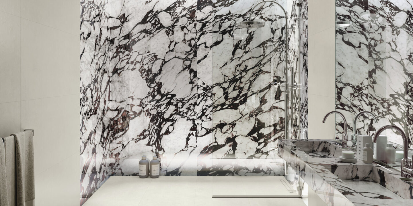 Black and White Marble walls in a bathroom