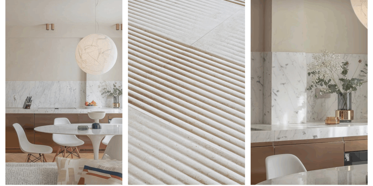 Kitchen with white marble backsplash, and close up image of a quilted finish on marble