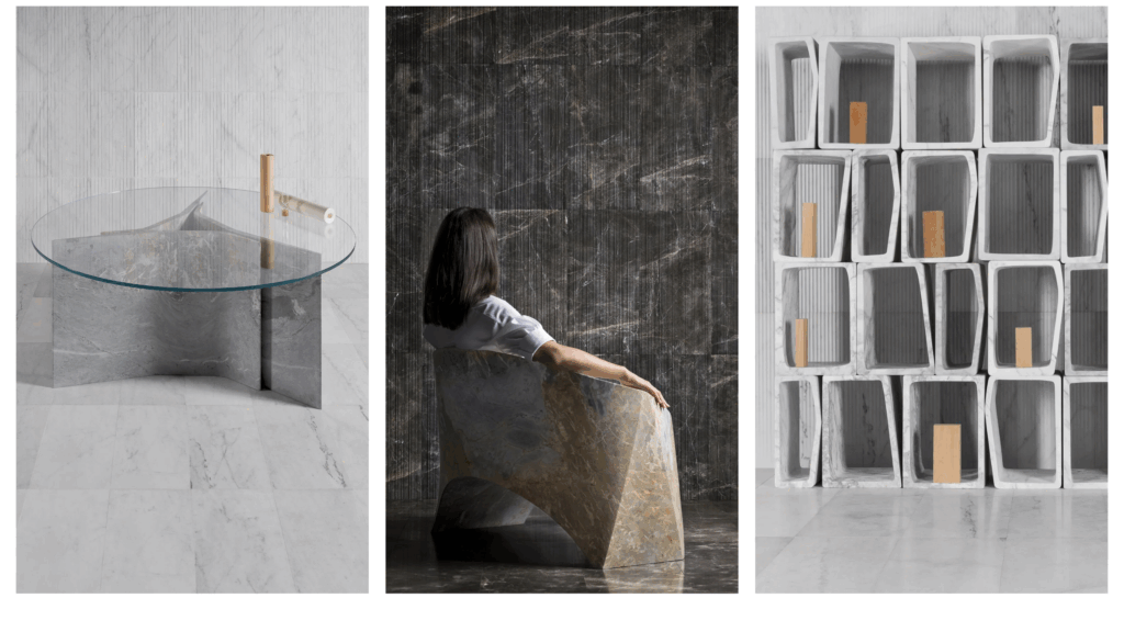 Images of a marble table, chair and bookcase shelving