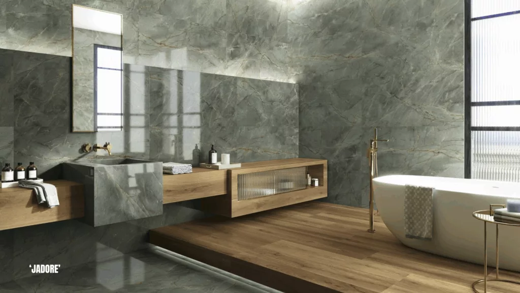 Luxury Bathroom clad in 'J'adore' porcelain large format tile, a green marble