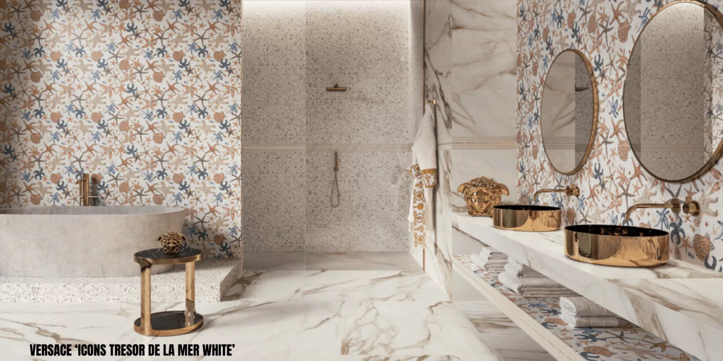 Luxury bathroom with Versace Icons 'Tresor De La Mer White' as a feature wall