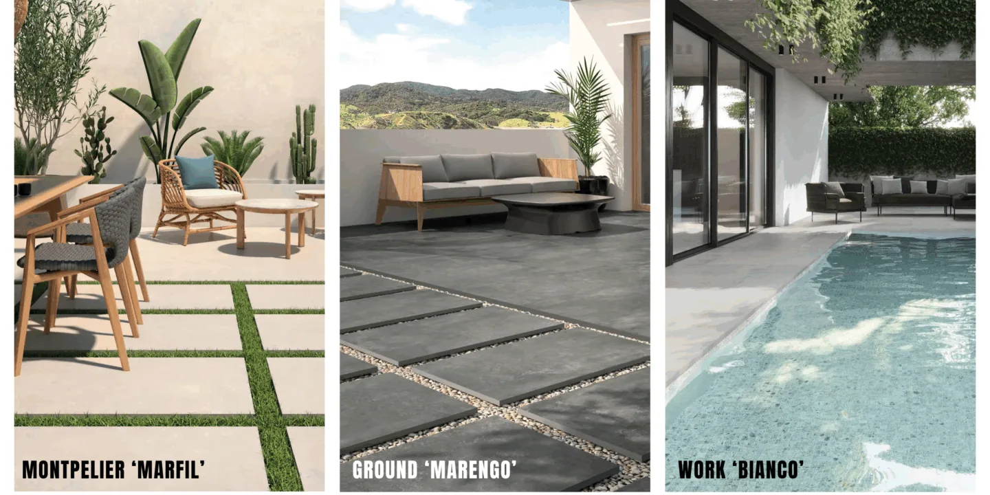 Three images of Exterior Porcelain Slabs in different shades