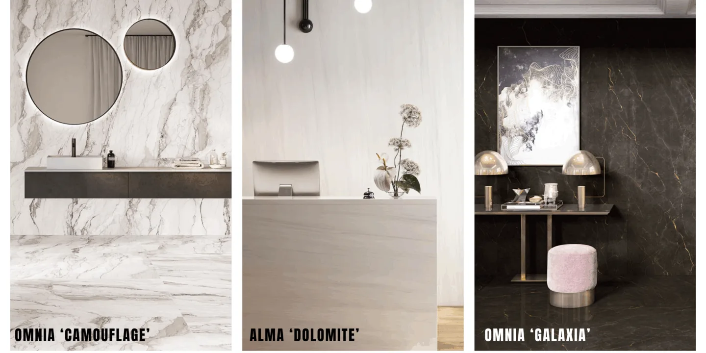 Selection of room settings with marble walls and floors