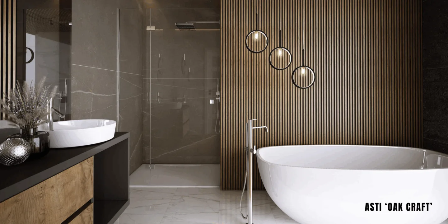 Bathroom showcasing a feature wall with wood panelling