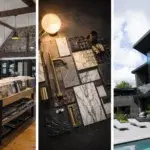 Aura Surfaces luxury tile showroom, curated surface mood board, and completed high-end residential project showcasing premium materials
