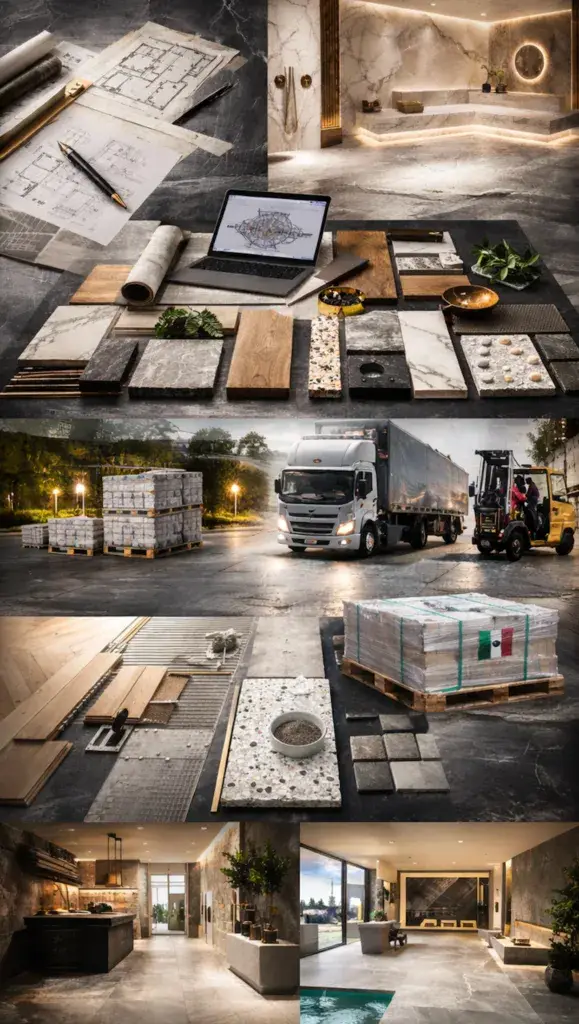 Montage illustrating Aura Surfaces' role from material sourcing and delivery through to finished interior schemes