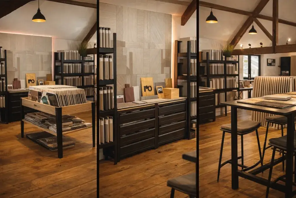 Aura Surfaces design-led luxury surface consultancy showroom in Sussex showcasing Italian porcelain, engineered wood, terrazzo and marble samples