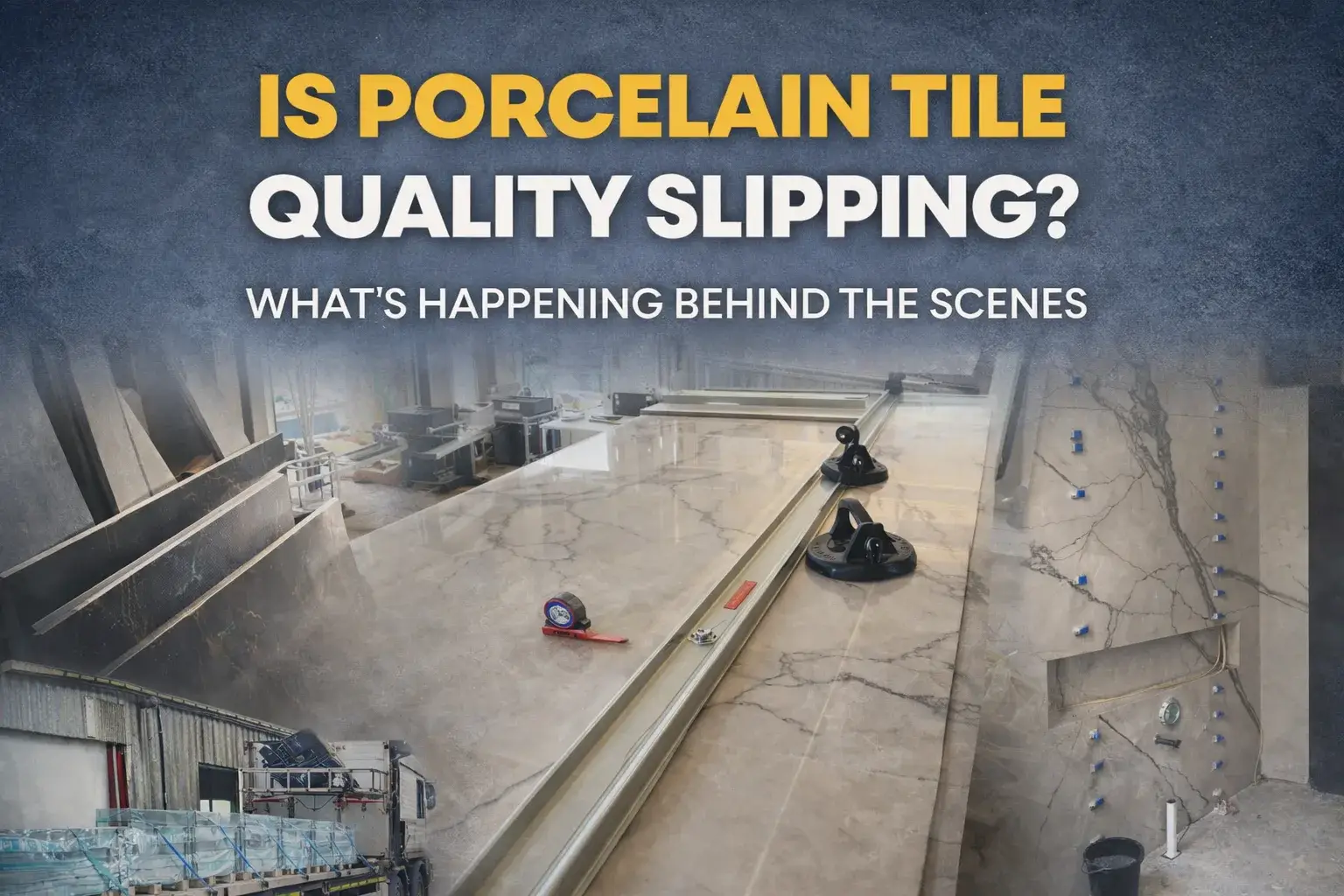 Large format porcelain slab being cut and installed during a bathroom installation, highlighting manufacturing and installation quality considerations