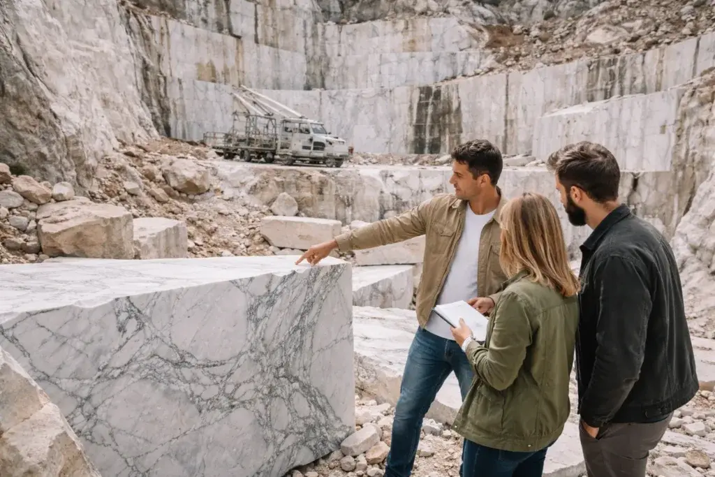 Professionals reviewing marble slab in quarry during natural stone sourcing process for architectural project