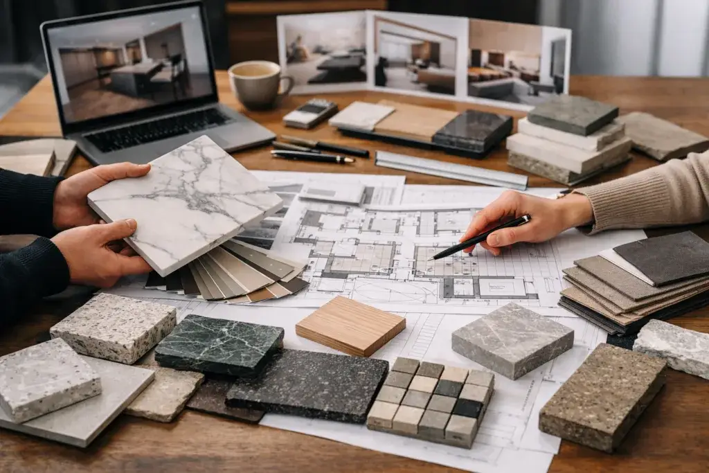 Surface selection and design consultation process with material samples, floor plans, and product comparisons on a table