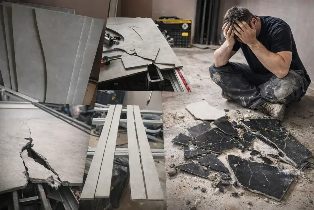 Large format porcelain tiles cracked and splintered on a construction site floor while a frustrated tiler inspects the damage during installation
