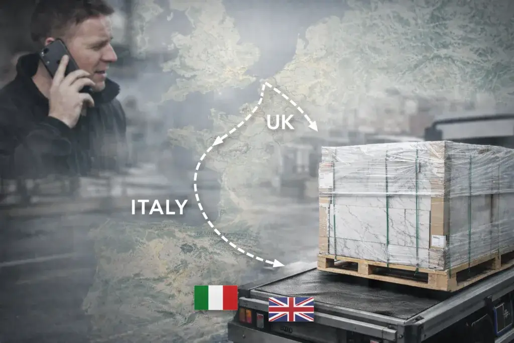 Logistics journey of Italian porcelain tiles transported from Italy to the UK for a luxury surface project