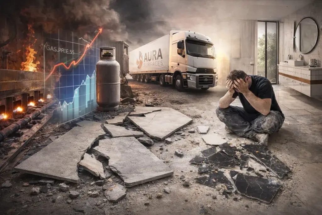 Composite image showing porcelain tile kilns, rising gas price graph, transport lorry, broken tiles on site and a frustrated tiler during installation