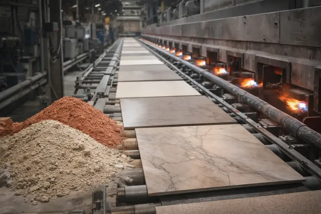 Porcelain tiles moving along a conveyor through an industrial kiln with raw clay and mineral materials used in tile production visible in the foreground