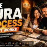 A husband and wife choosing stone and porcelain surface samples in the Aura Surfaces showroom, illustrating the journey from consultation and material selection through to delivery on site.