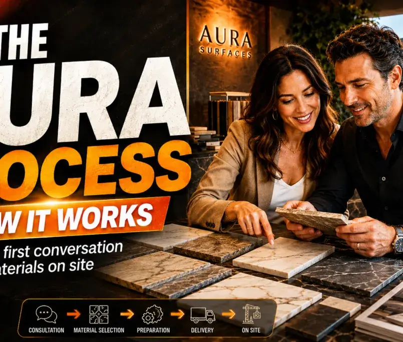 A husband and wife choosing stone and porcelain surface samples in the Aura Surfaces showroom, illustrating the journey from consultation and material selection through to delivery on site.