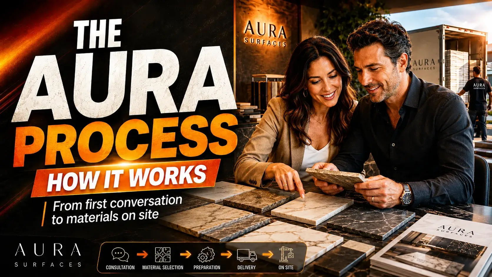 A husband and wife choosing stone and porcelain surface samples in the Aura Surfaces showroom, illustrating the journey from consultation and material selection through to delivery on site.